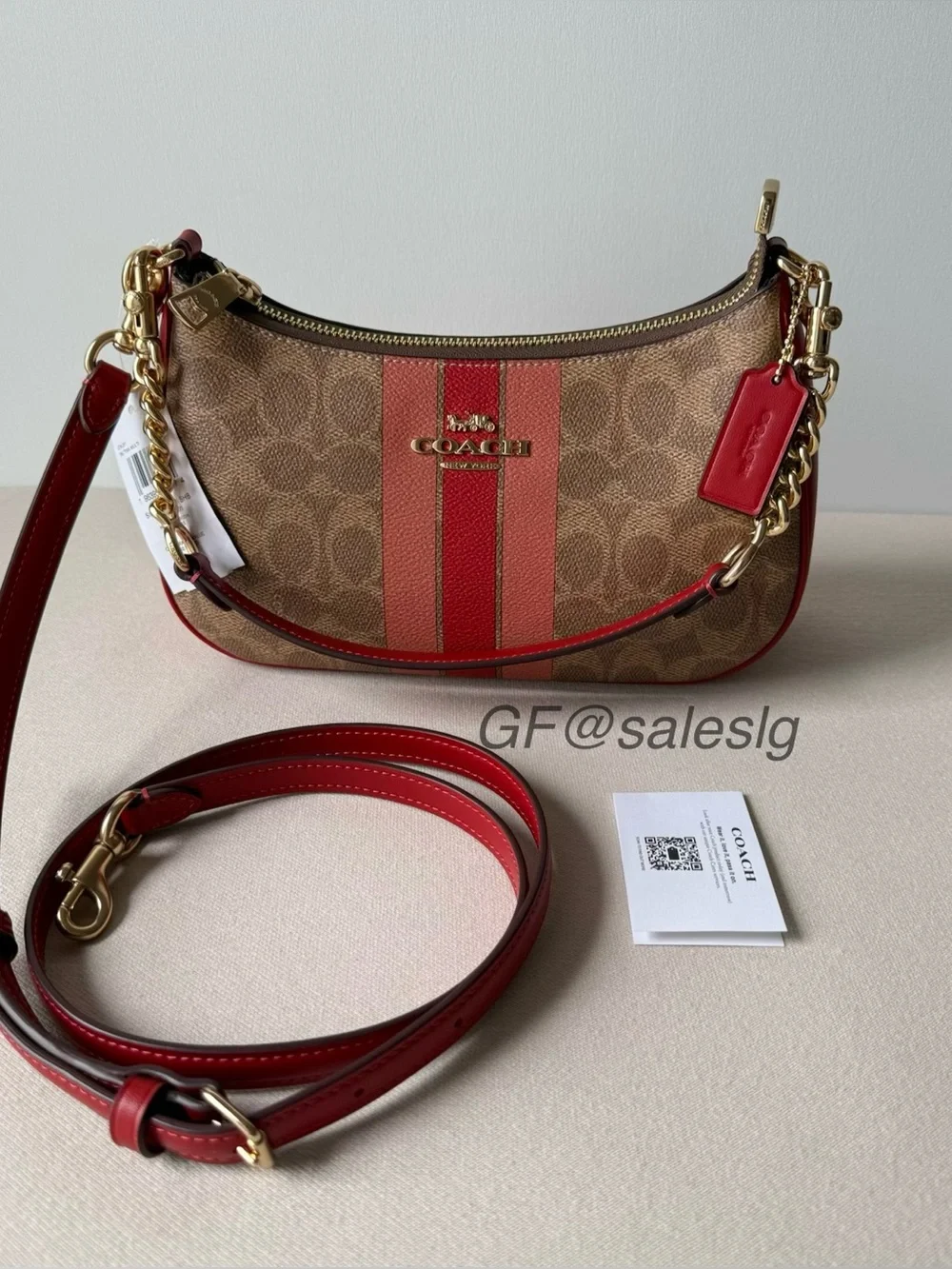 Coach Teri Shoulder Bag In Signature Canvas With Stripe Gold/Tan CAL81 NWT